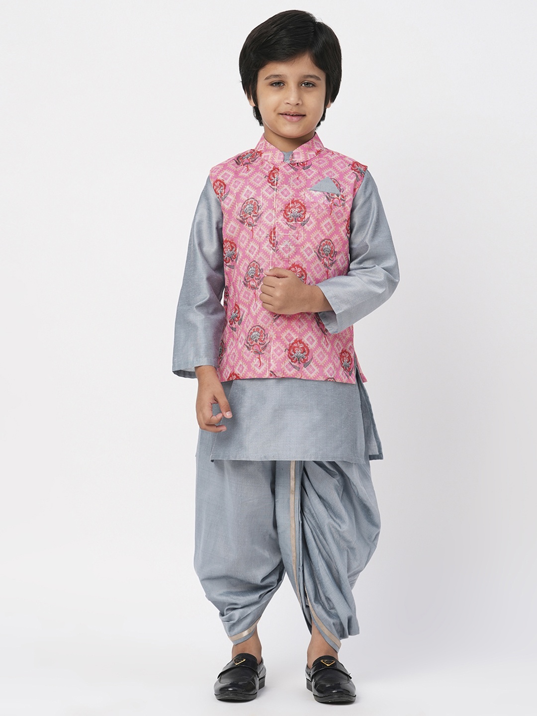 

LIL DRAMA Boys Raangoli Ethnic Printed Straight Kurta With Dhoti Pants & Jacket, Grey