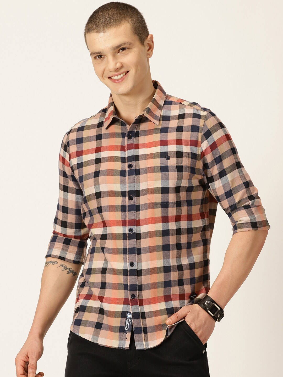 

Provogue Classic Slim Fit Tartan Checks Flannel Cotton Casual Shirt, Tan