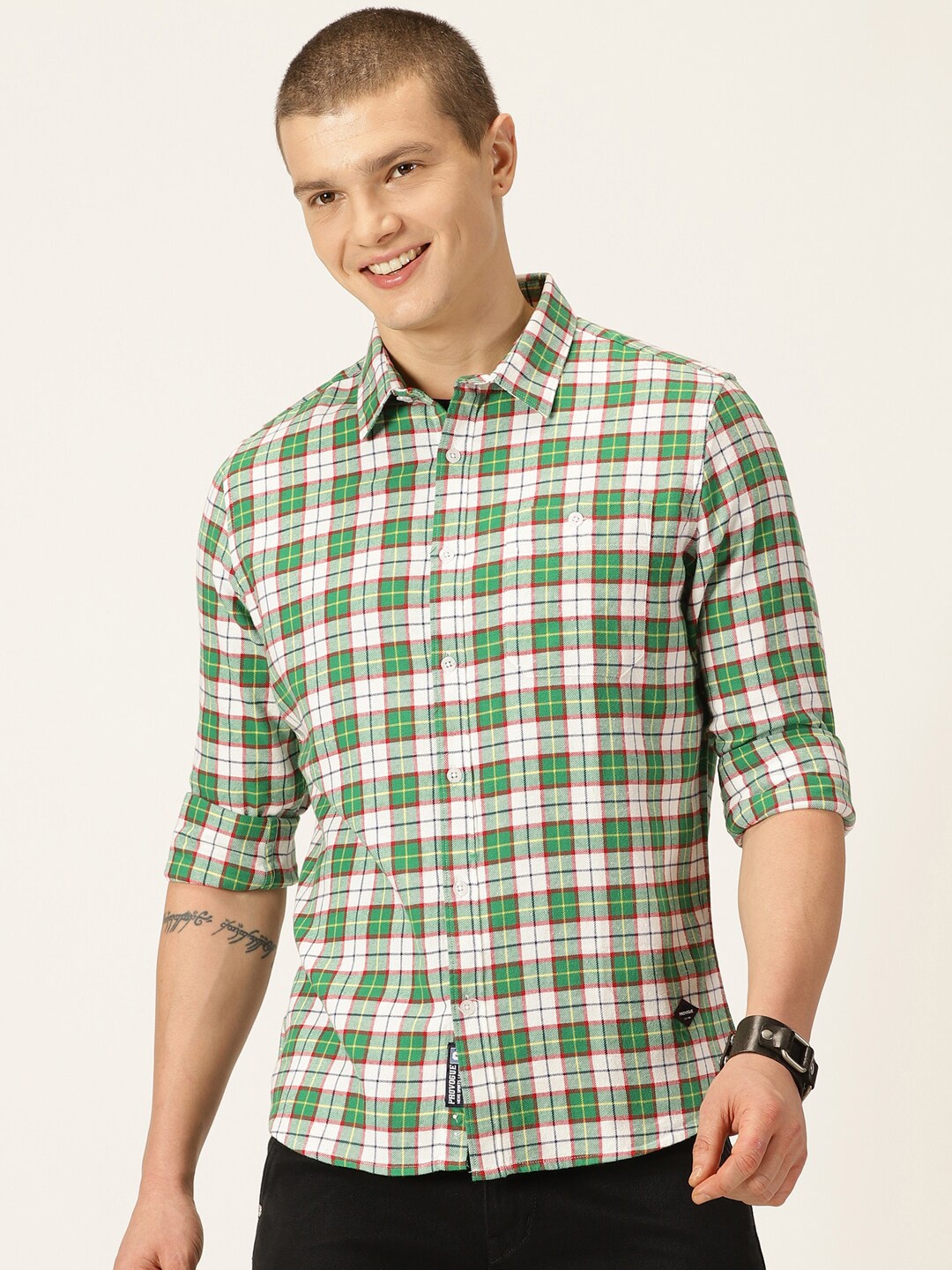 

Provogue Tartan Checked Classic Slim Fit Opaque Cotton Casual Shirt, Green