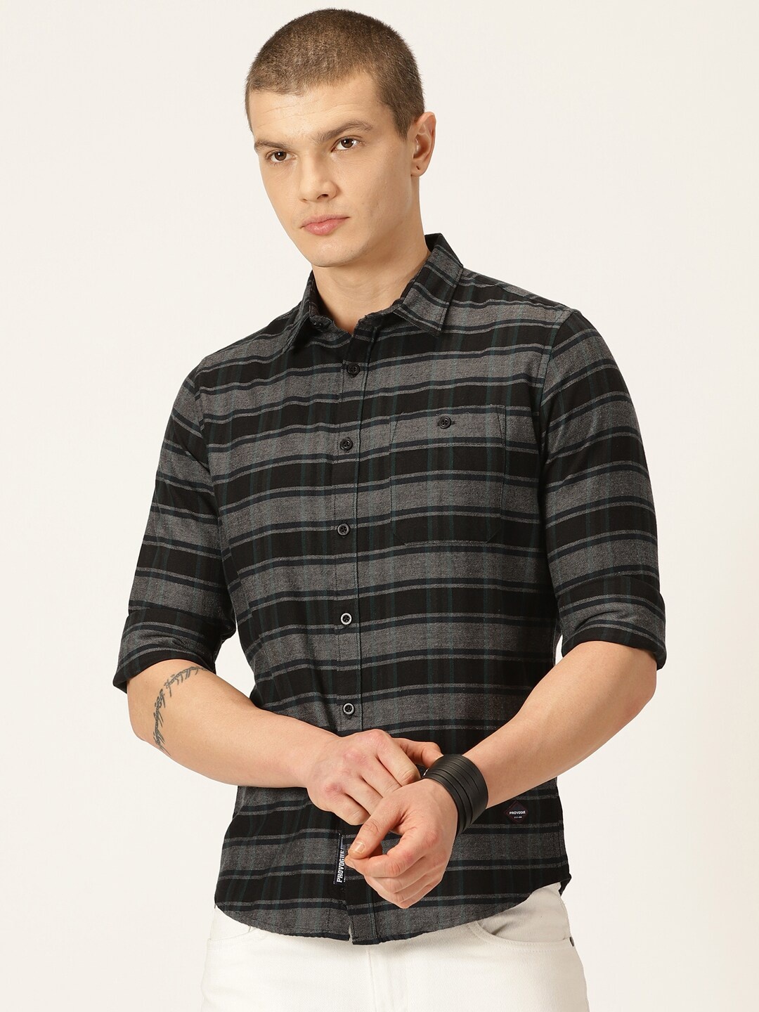 

Provogue Classic Slim Fit Horizontal Striped Spread Collar Pocket Cotton Casual Shirt, Black