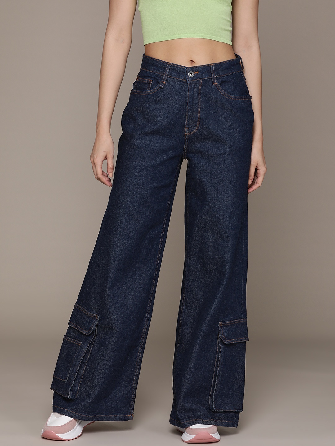 

The Roadster Lifestyle Co. Women Wide Leg Stretchable Cargo Styles Jeans, Navy blue