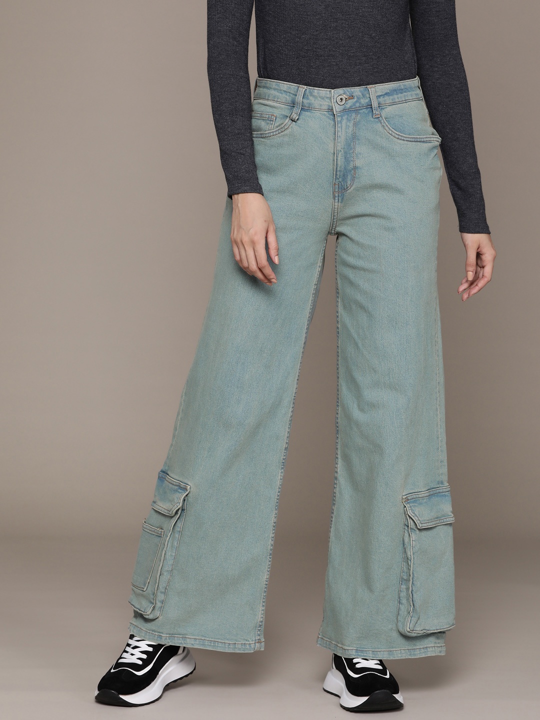 

The Roadster Lifestyle Co. Women Wide Leg Stretchable Cargo Styles Jeans, Blue