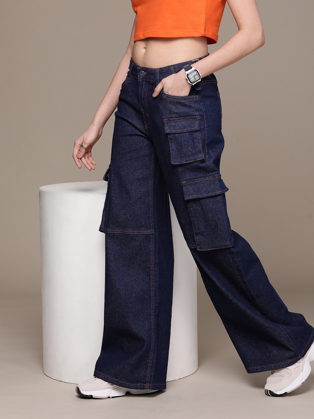 

The Roadster Lifestyle Co. Women Wide Leg Stretchable Cargo Jeans, Navy blue