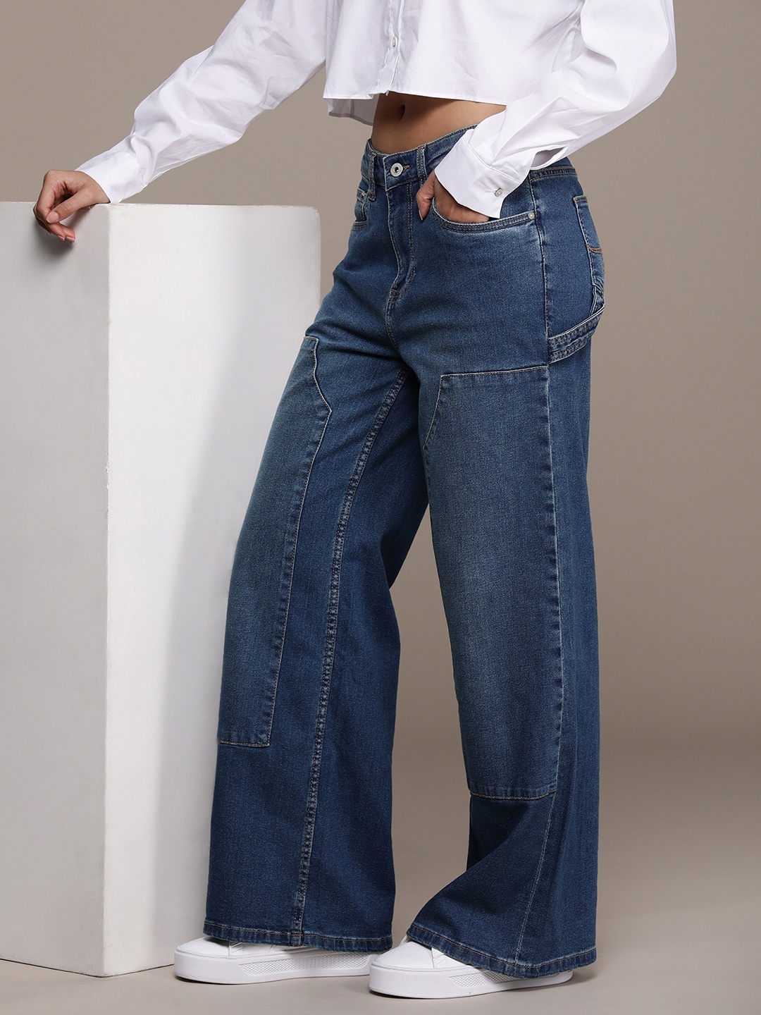 

The Roadster Lifestyle Co. Women Wide Leg Stretchable Baggy Jeans, Navy blue