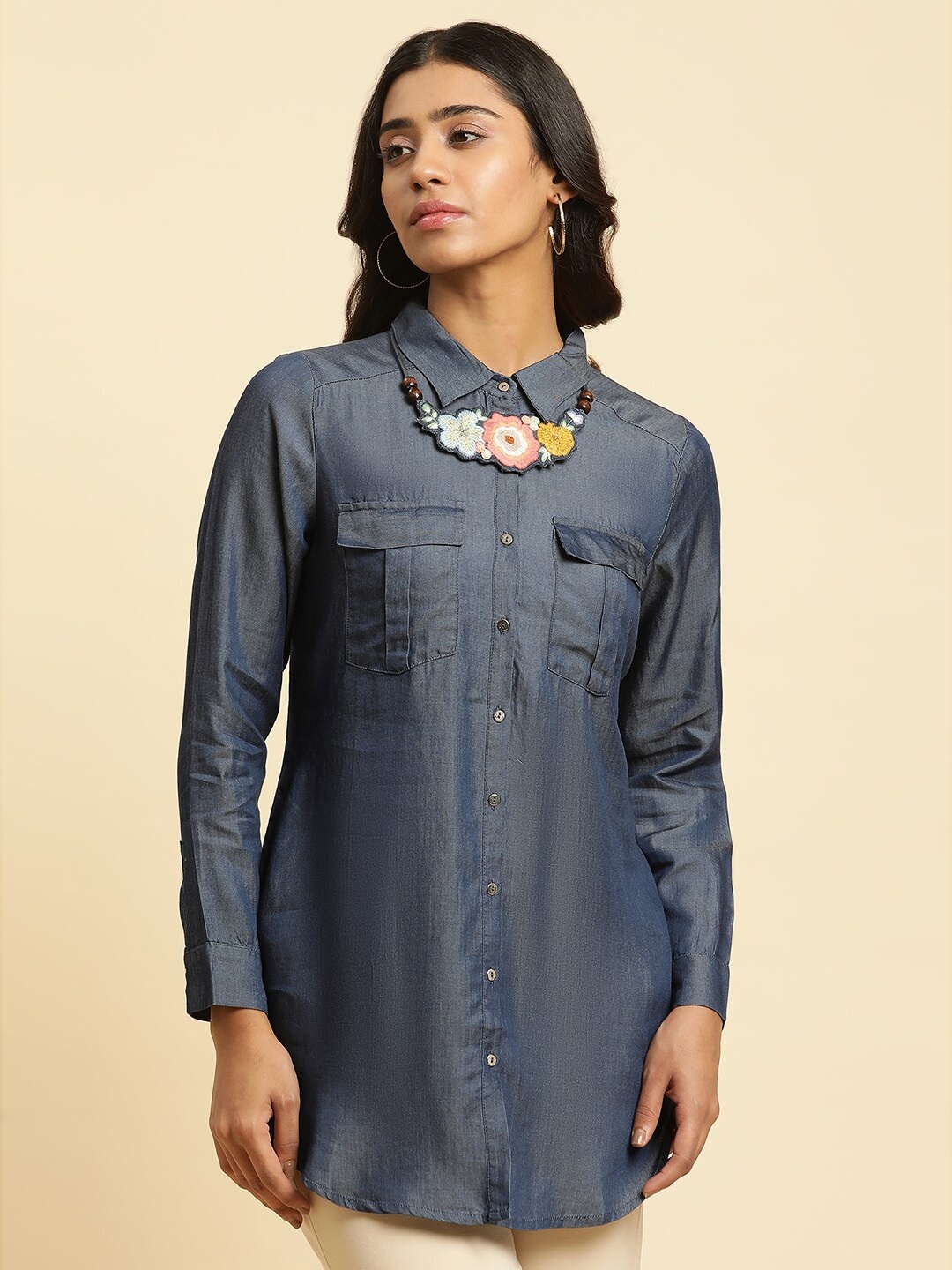 

W Denim Casual Longline Shirt, Blue