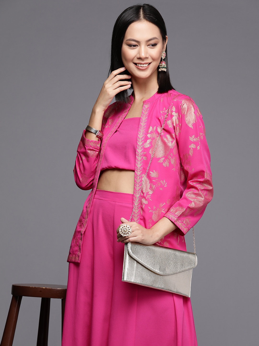 

Ahalyaa Women Solid Crop Top with Palazzos and Shrug, Pink