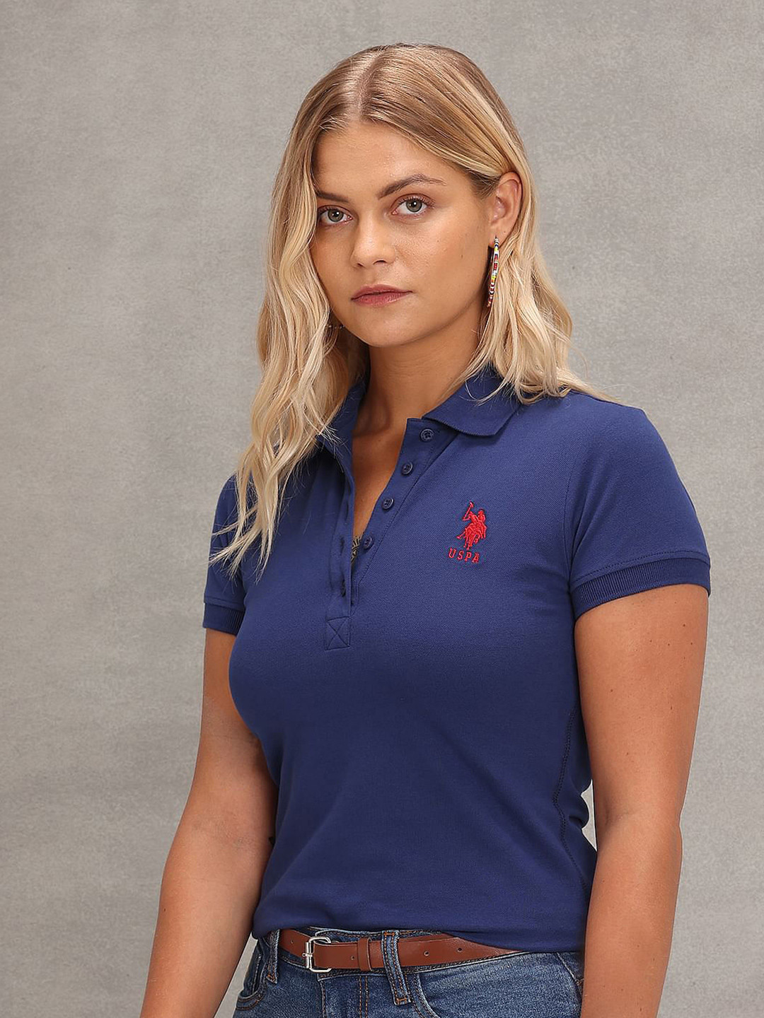 

U.S. Polo Assn. Women Polo Collar Slim Fit Embroidered Pure Cotton Casual T-shirt, Navy blue