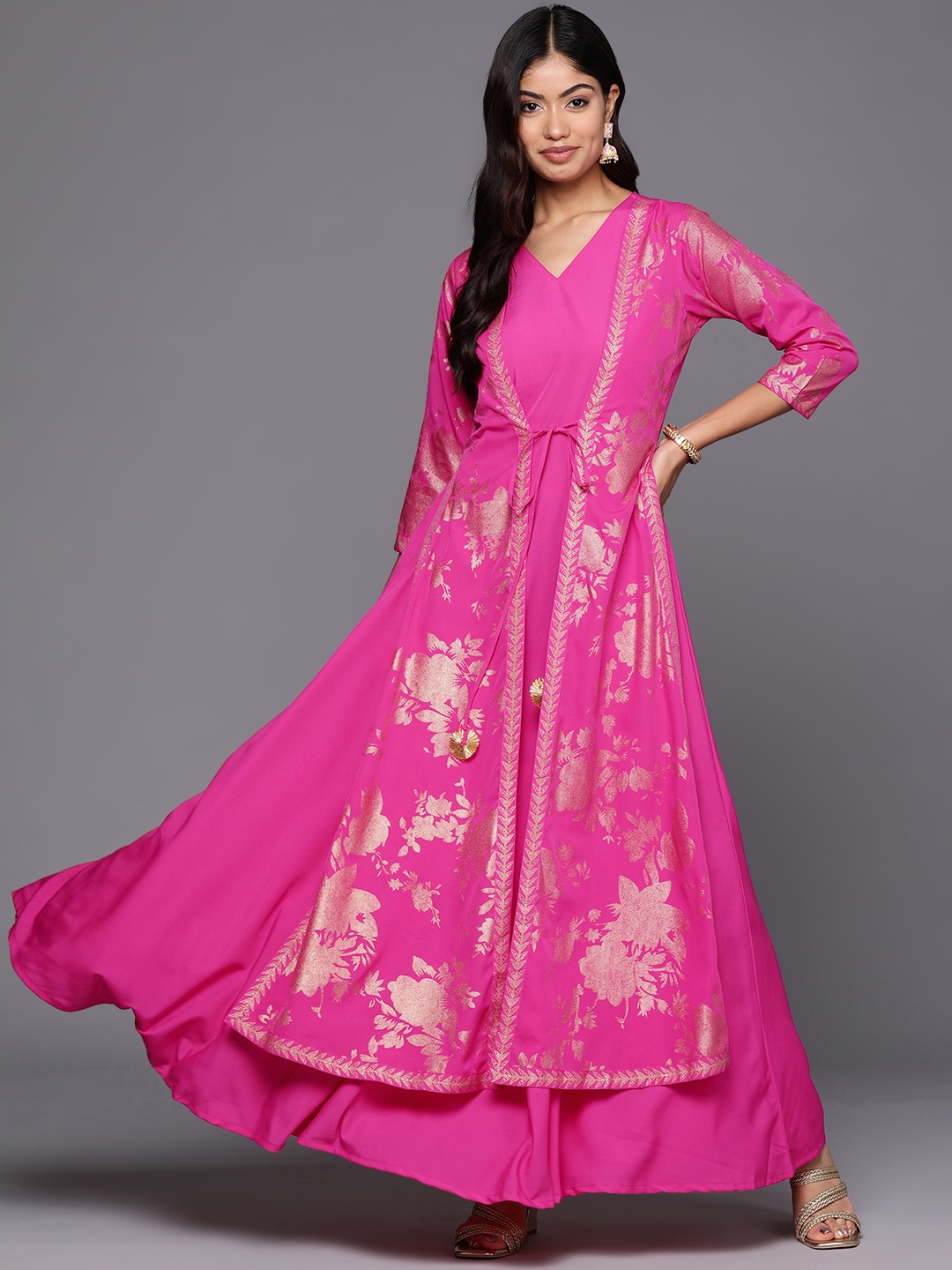 

Ahalyaa Floral Print Layered Crepe A-Line Maxi Dress, Pink