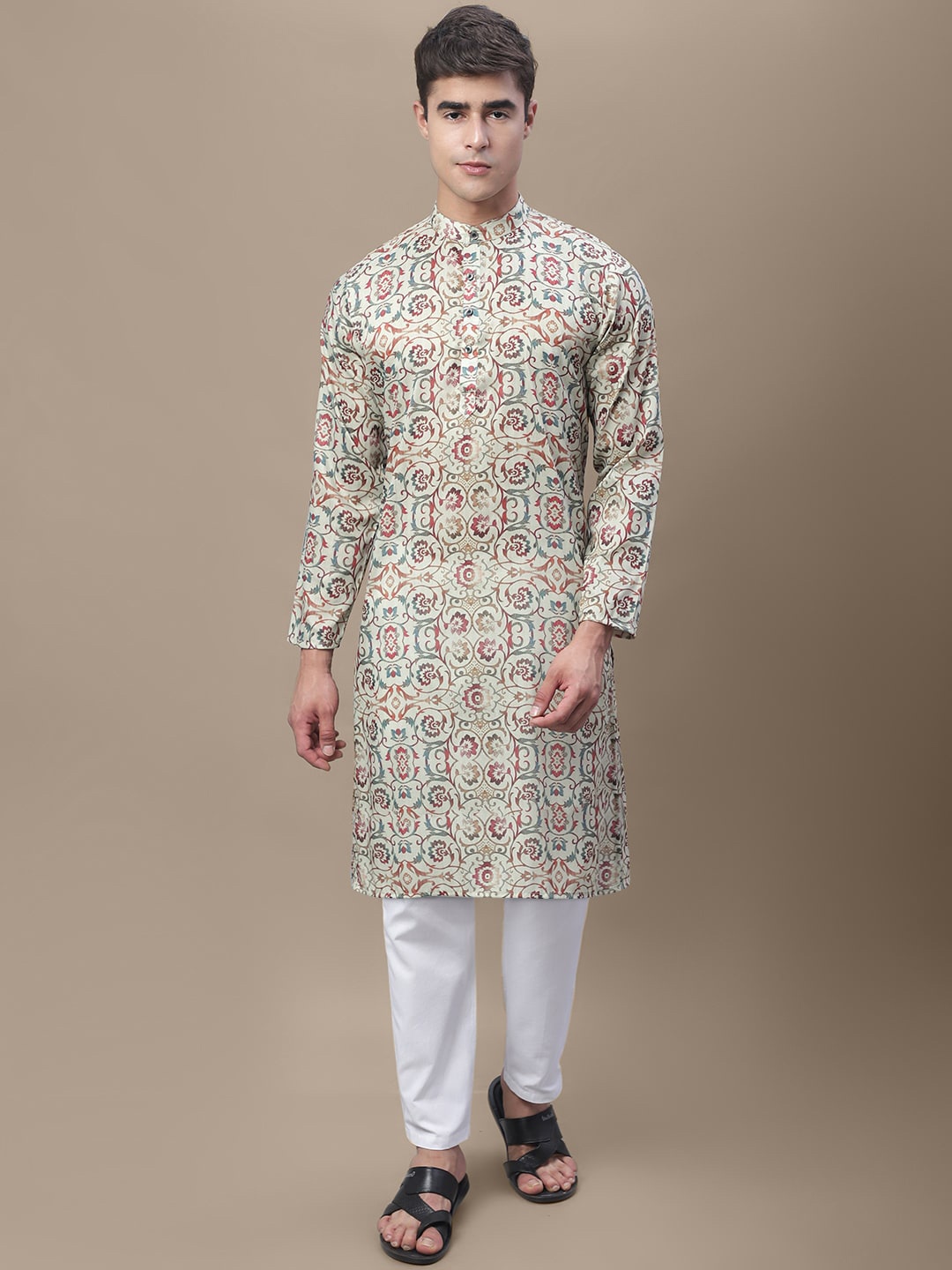 

tee projekt Floral Printed Mandarin Collar Straight Kurta, Beige