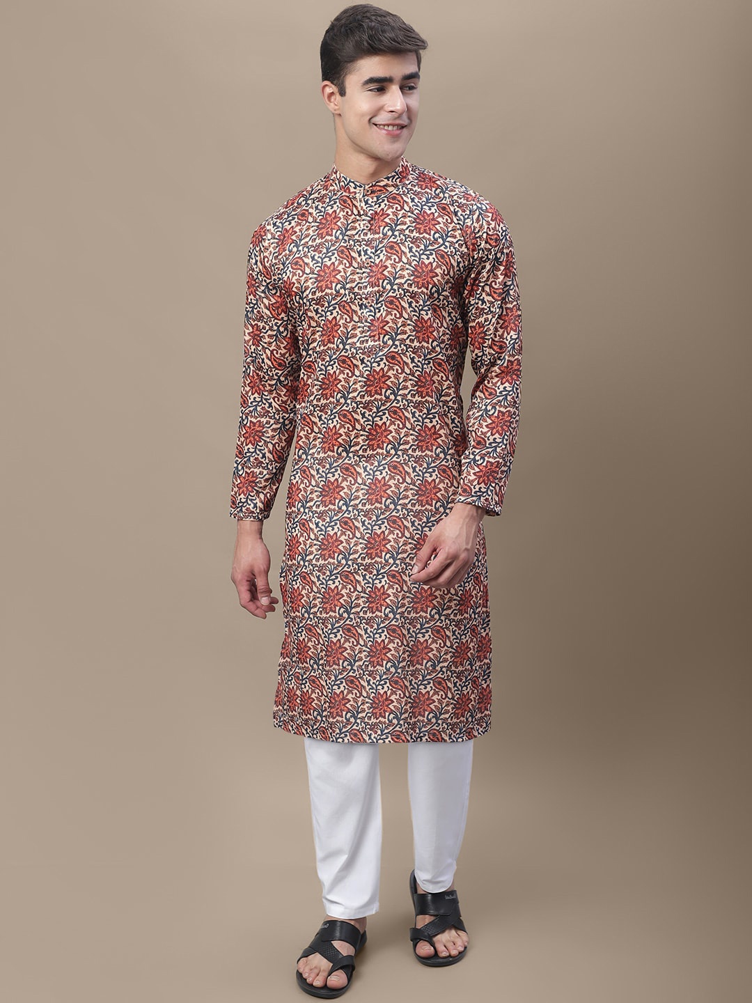 

tee projekt Floral Printed Thread Work Khadi Kurta, Red