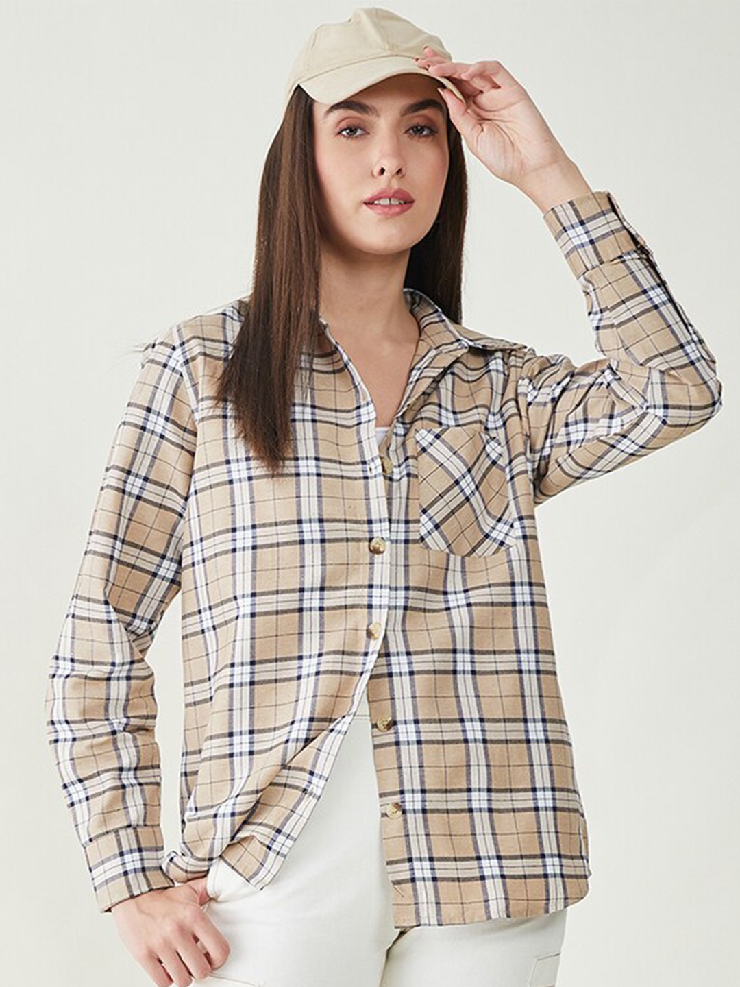 

Bitterlime Tartan Checked Comfort Oversize Opaque Casual Shirt, Brown