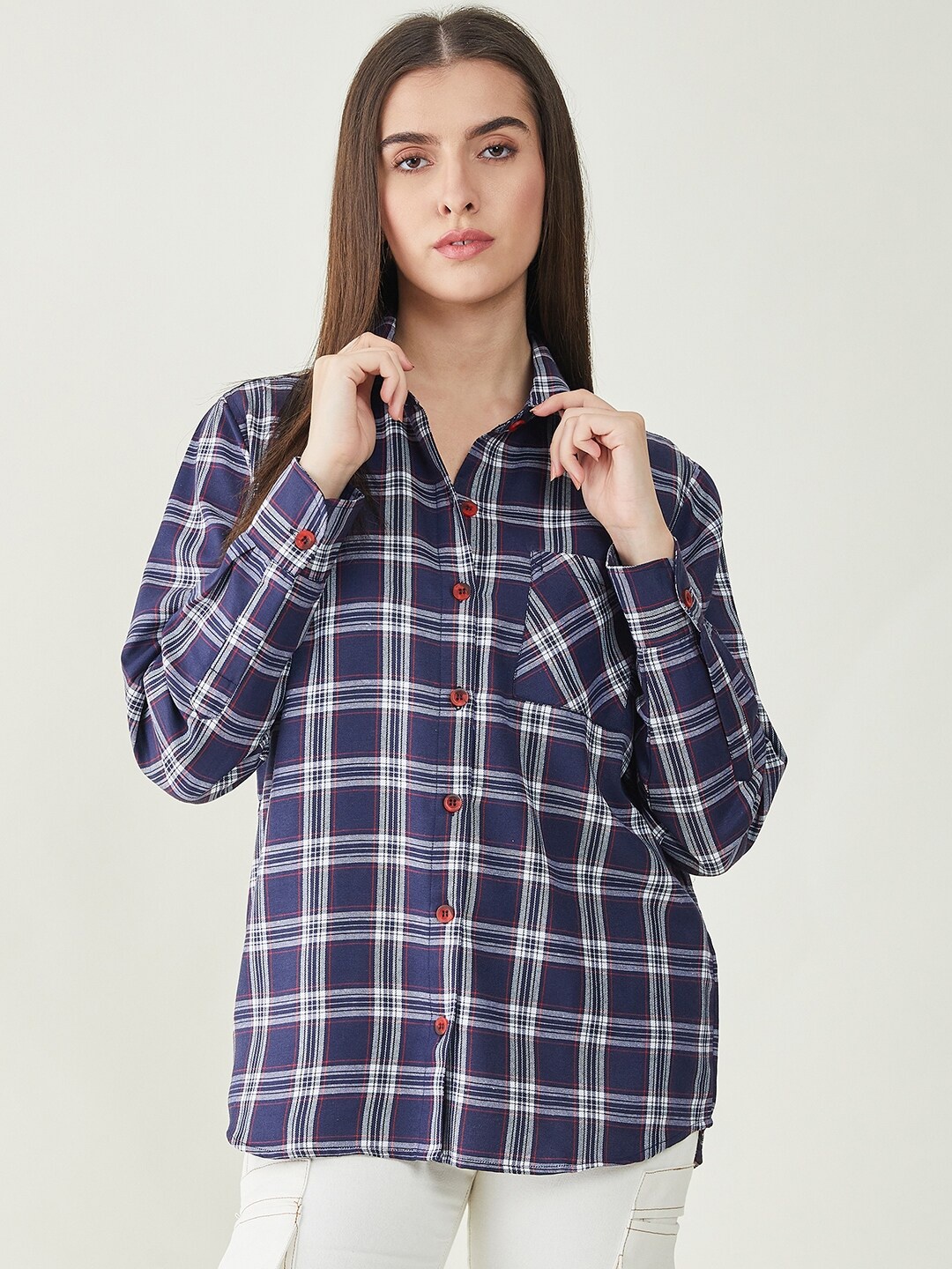 

Bitterlime Comfort Tartan Checks Twill Oversized Casual Shirt, Navy blue