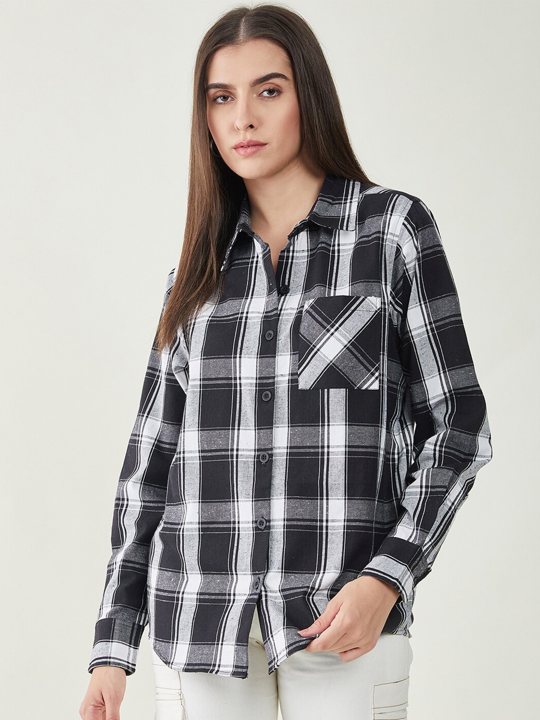 

Bitterlime Comfort Oversized Tartan Checks Checked Cotton Casual Shirt, Black