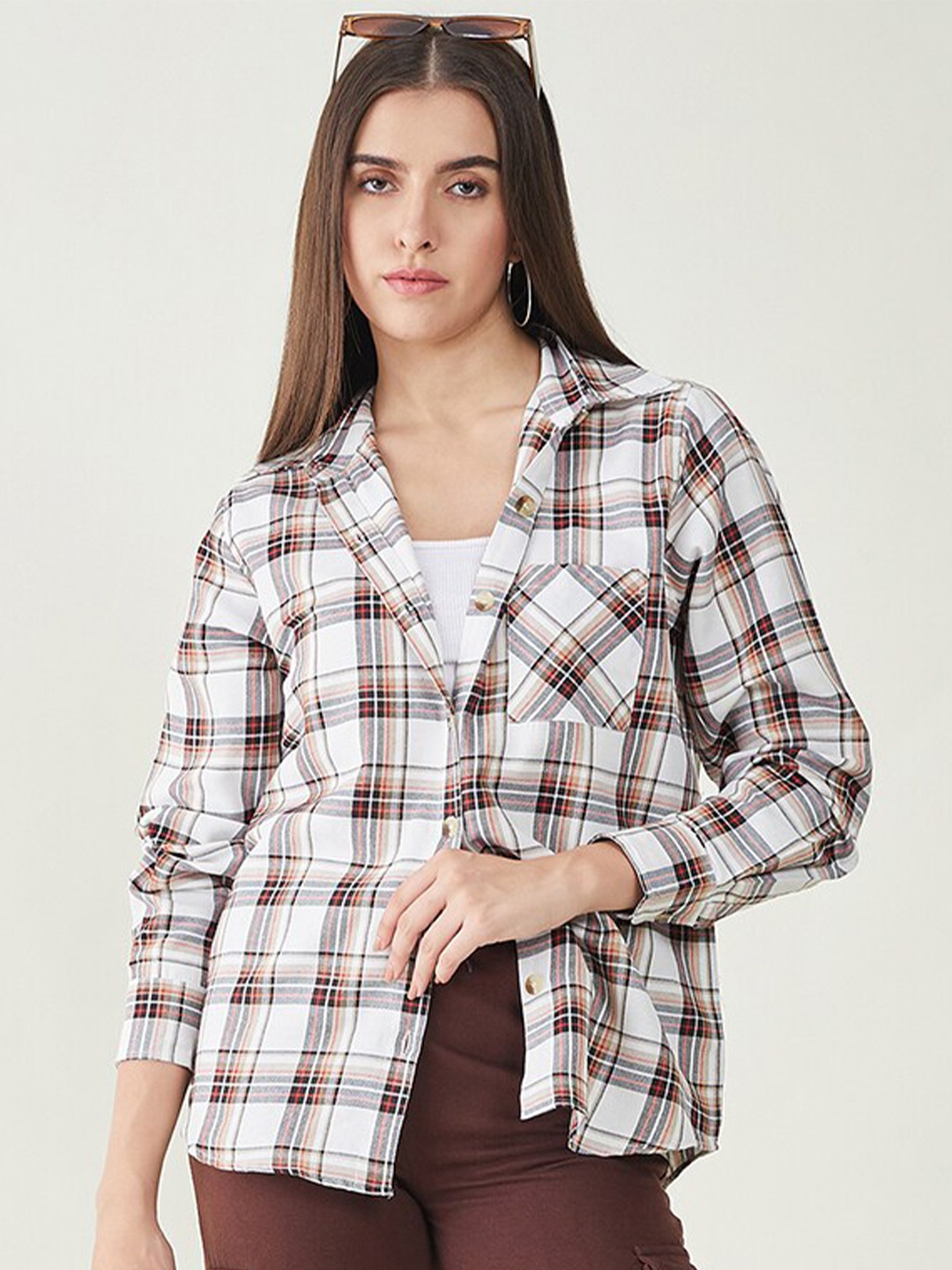 

Bitterlime Comfort Tartan Checks Twill Oversized Casual Shirt, White