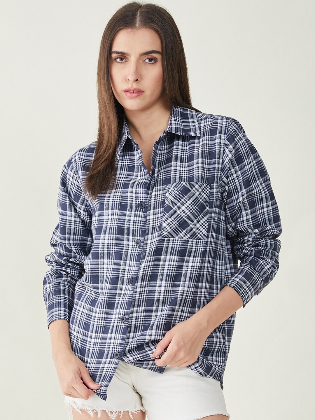 

Bitterlime Comfort Oversized Tartan Checks Checked Twill Casual Shirt, Navy blue