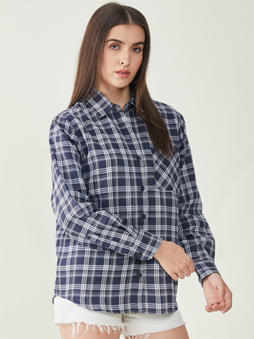 

Bitterlime Tartan Checked Comfort Oversized Twill Casual Shirt, Navy blue