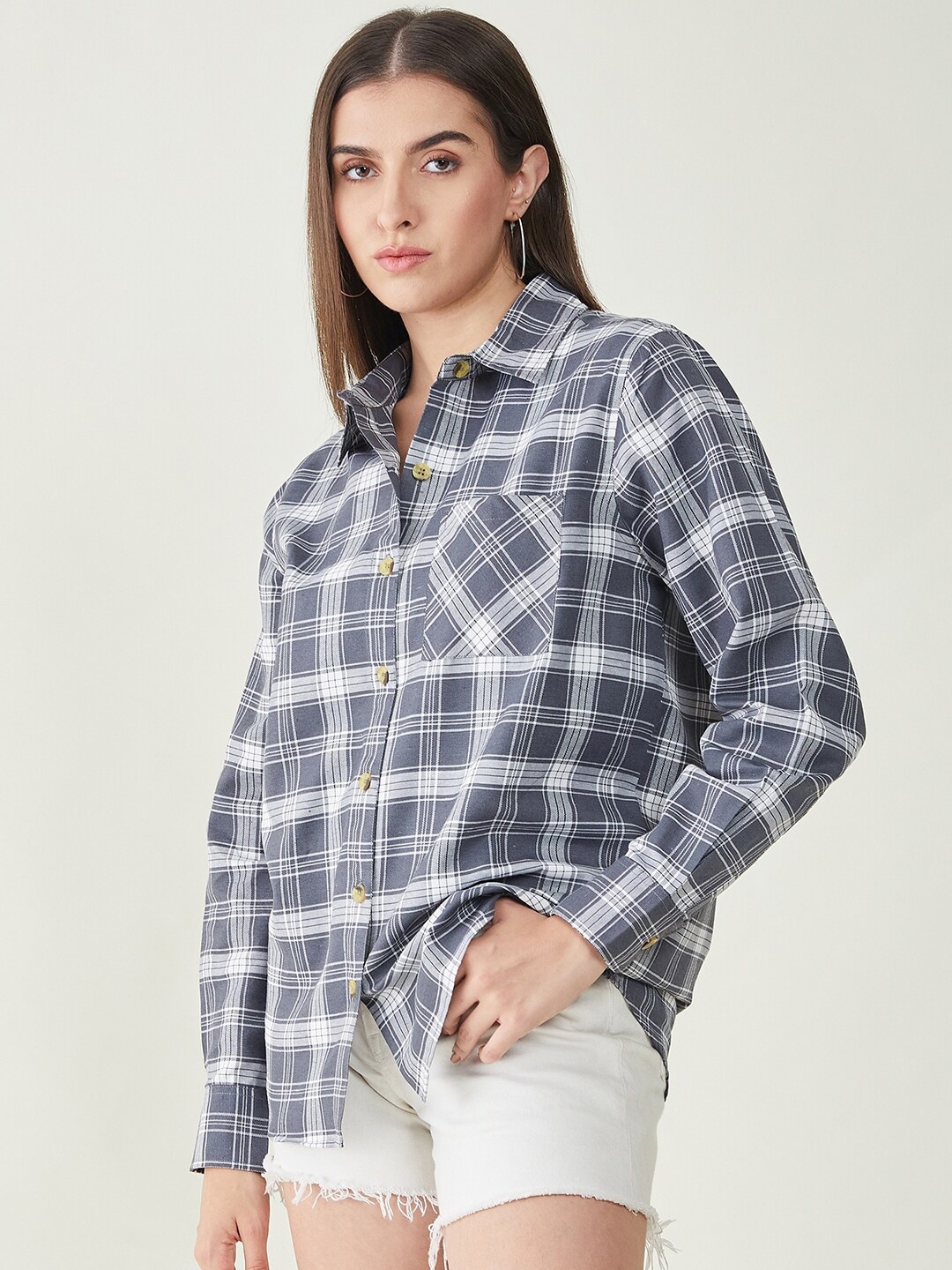 

Bitterlime Tartan Checked Comfort Oversized Twill Casual Shirt, Grey