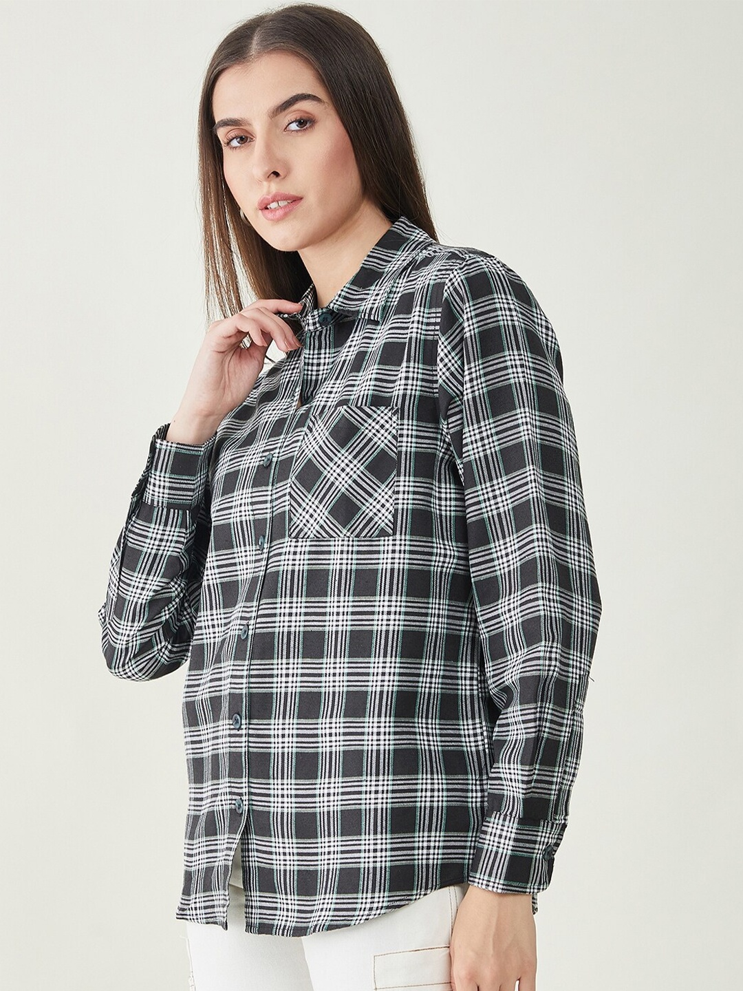 

Bitterlime Tartan Checked Comfort Oversized Twill Casual Shirt, Black