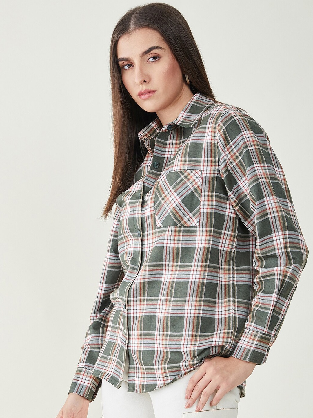 

Bitterlime Tartan Checked Comfort Oversized Twill Casual Shirt, Olive