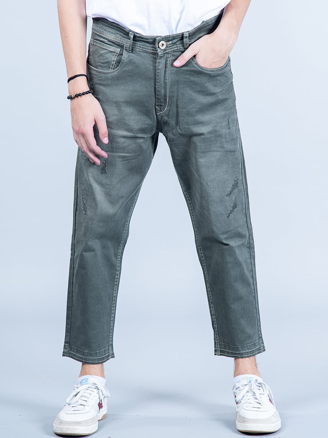 

Tistabene Men Comfort Slim Fit Light Fade Ripped Cropped Cotton Jeans, Green