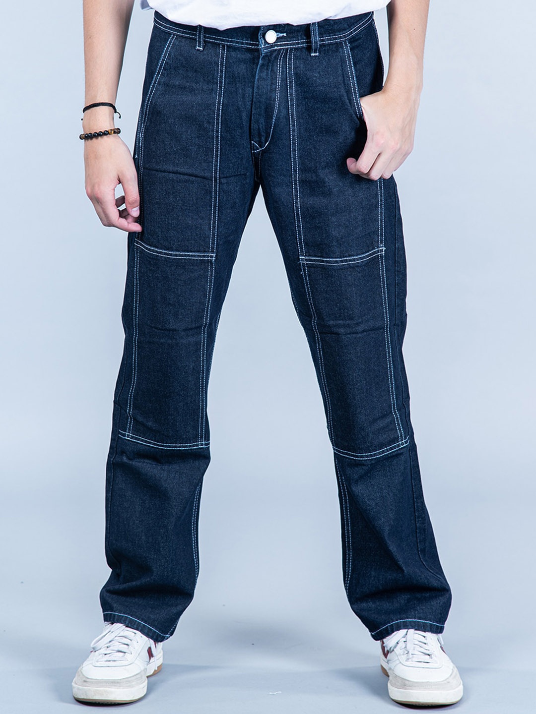 

Tistabene Men Comfort Mid Rise Clean Look Cotton Straight Fit Jeans, Navy blue