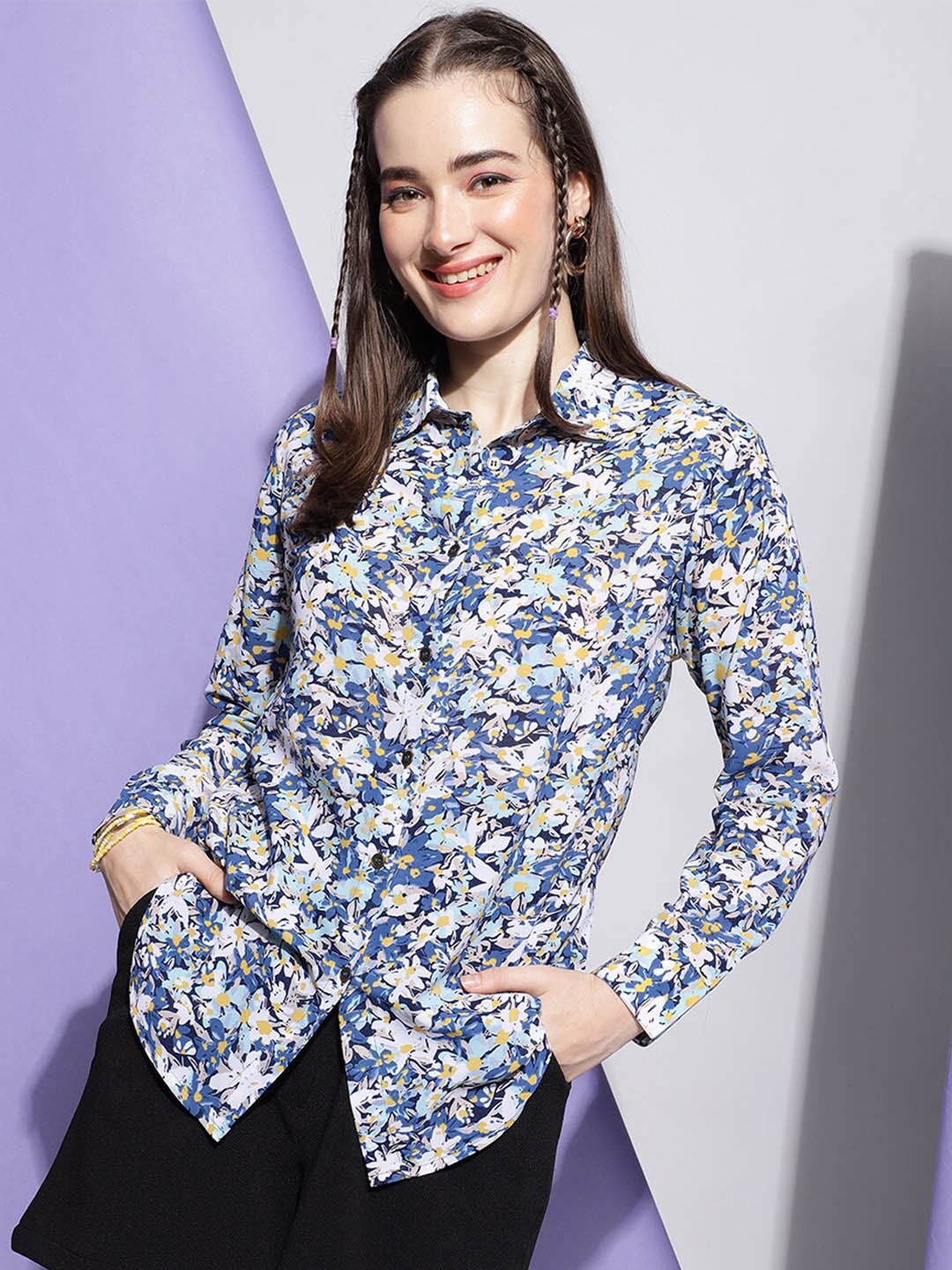 

J Turritopsis Floral Printed Classic Regular Fit Opaque Casual Shirt, Blue