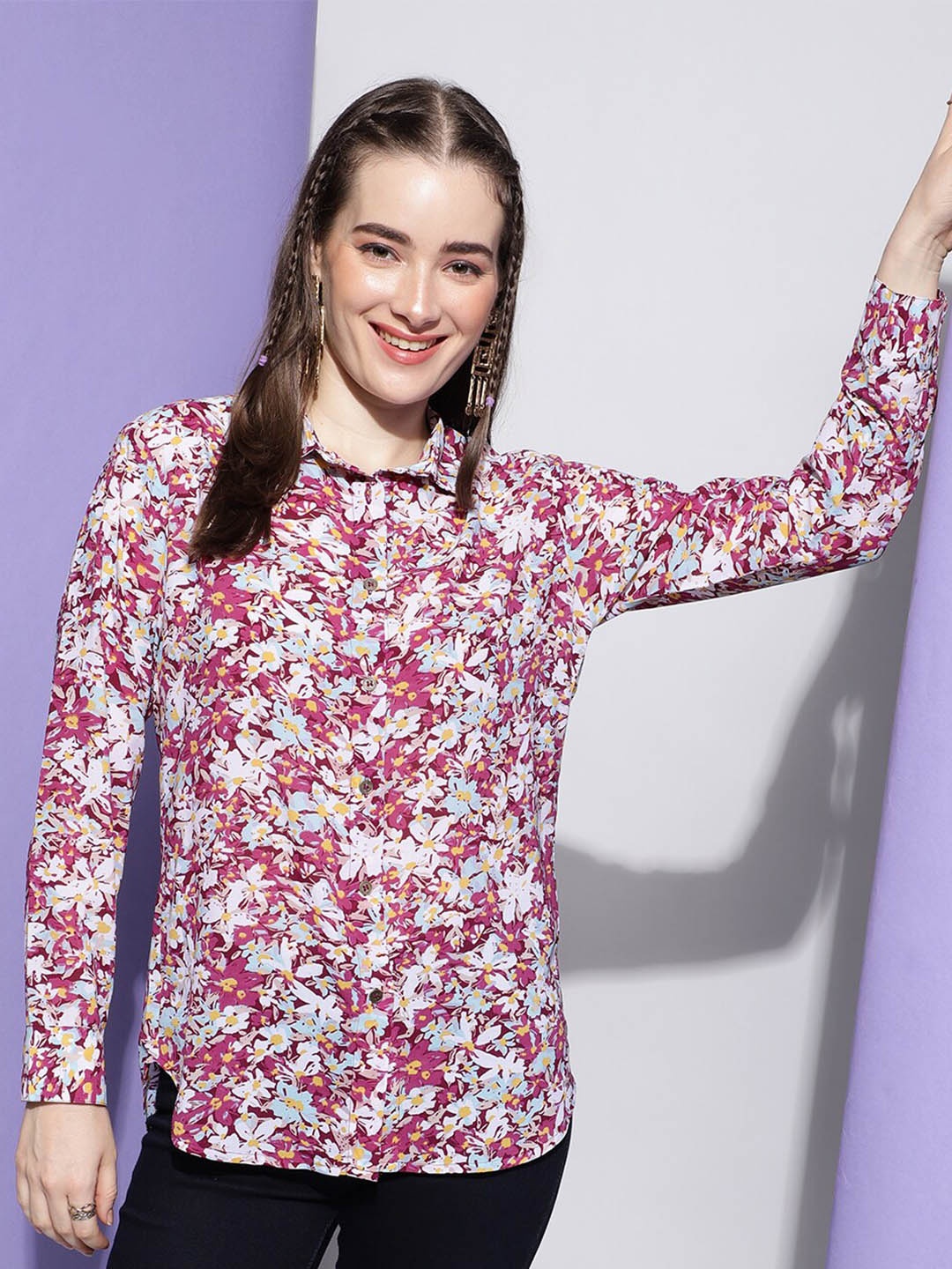 

J Turritopsis Classic Floral Printed Casual Shirt, Purple