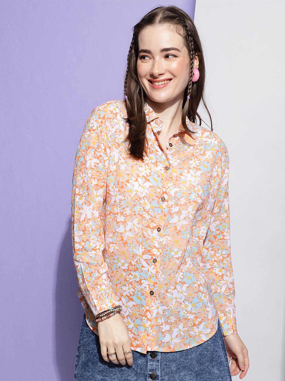 

J Turritopsis Classic Floral Printed Casual Georgette Shirt, Orange