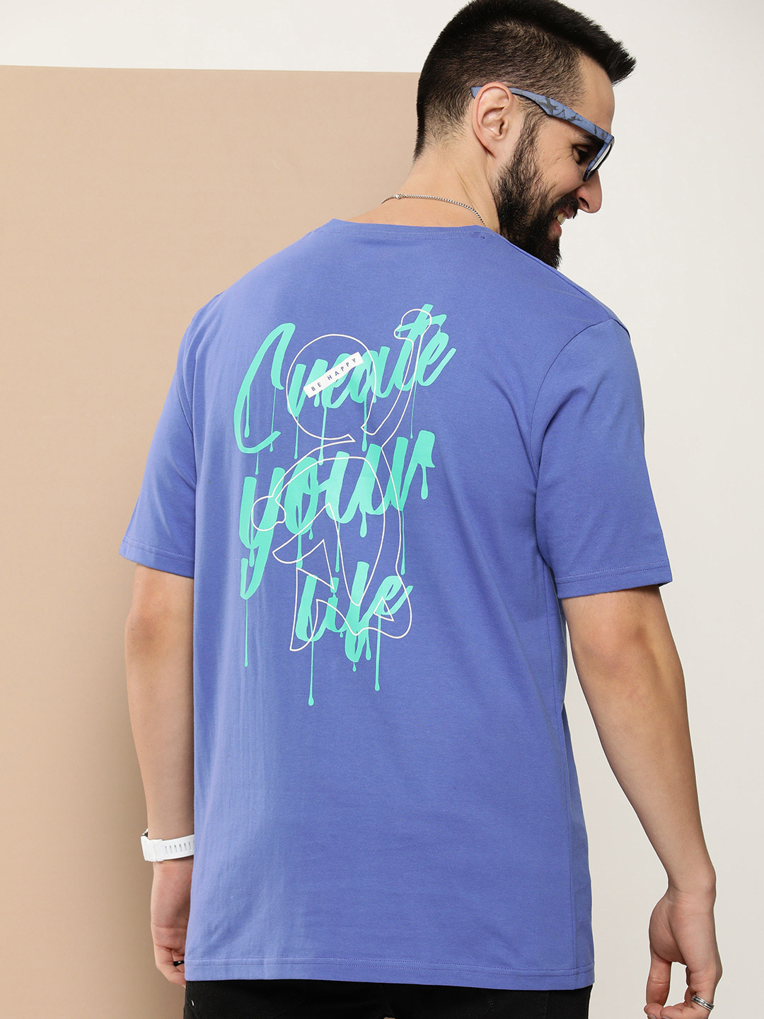 

HERE&NOW Men Typography Printed Pure Cotton T-shirt, Blue
