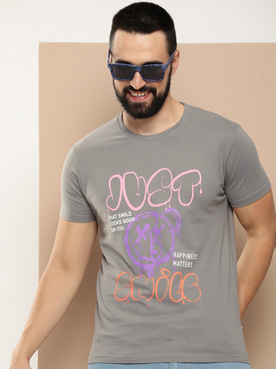 

HERE&NOW Men Printed Pure Cotton T-shirt, Grey