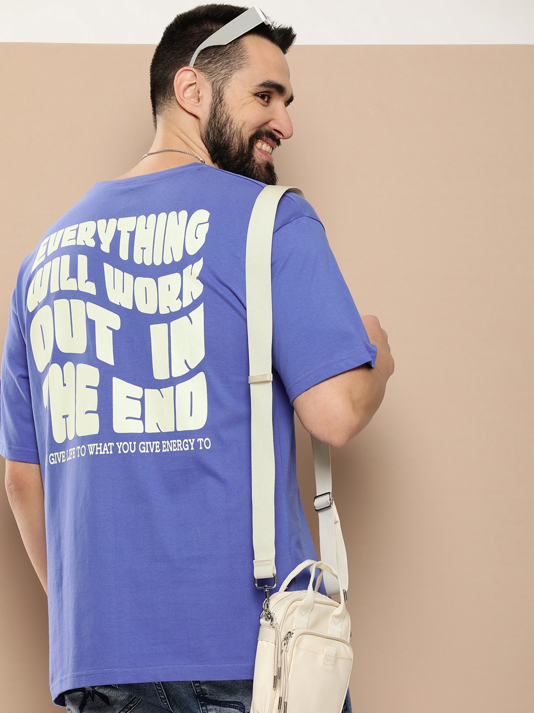 

HERE&NOW Men Typography Printed Pure Cotton Boxy T-shirt, Blue
