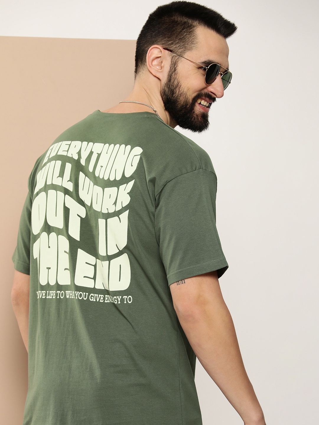 

HERE&NOW Men Typography Printed Pure Cotton Boxy T-shirt, Olive
