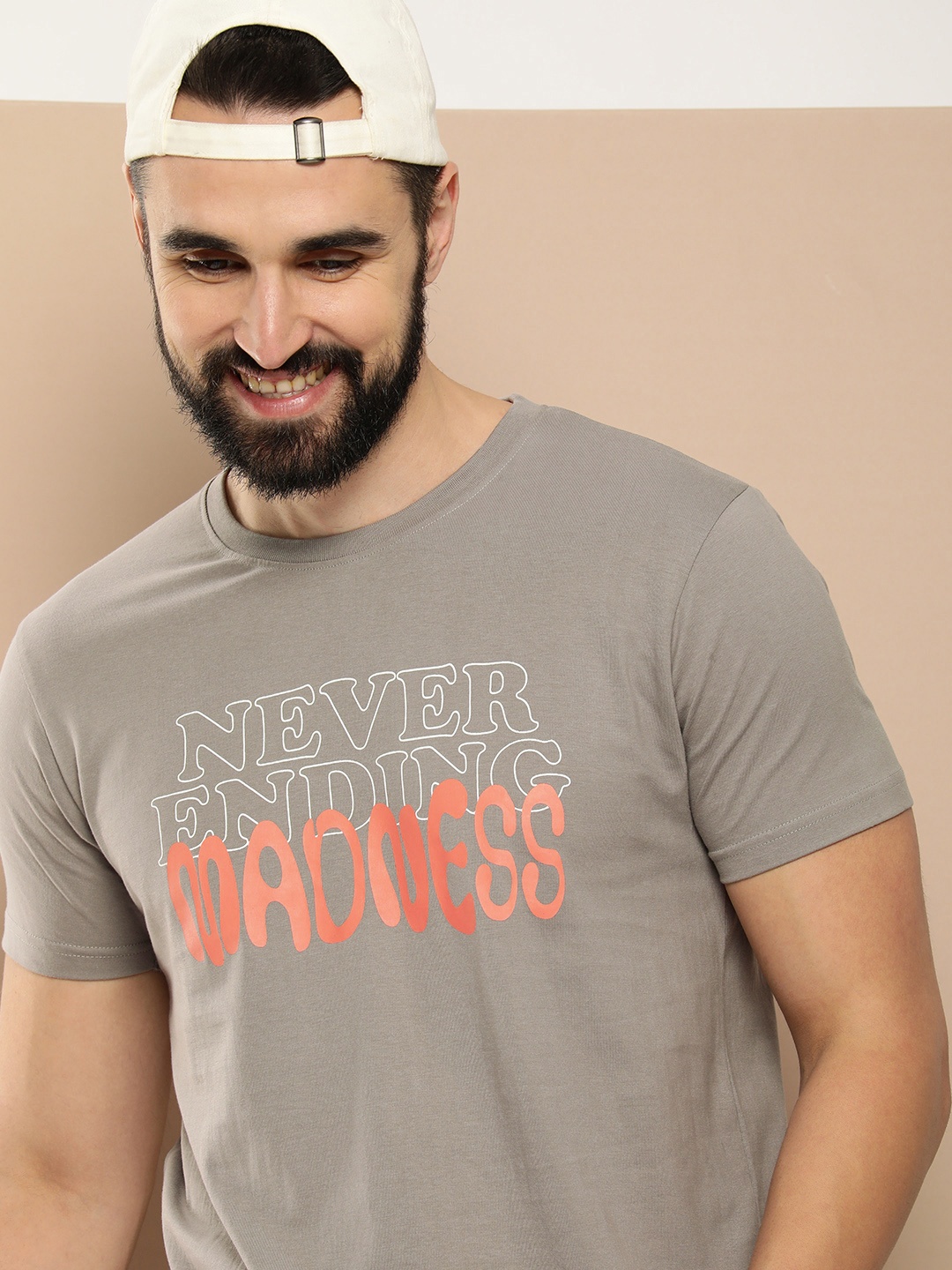 

HERE&NOW Men Typography Printed Pure Cotton T-shirt, Grey