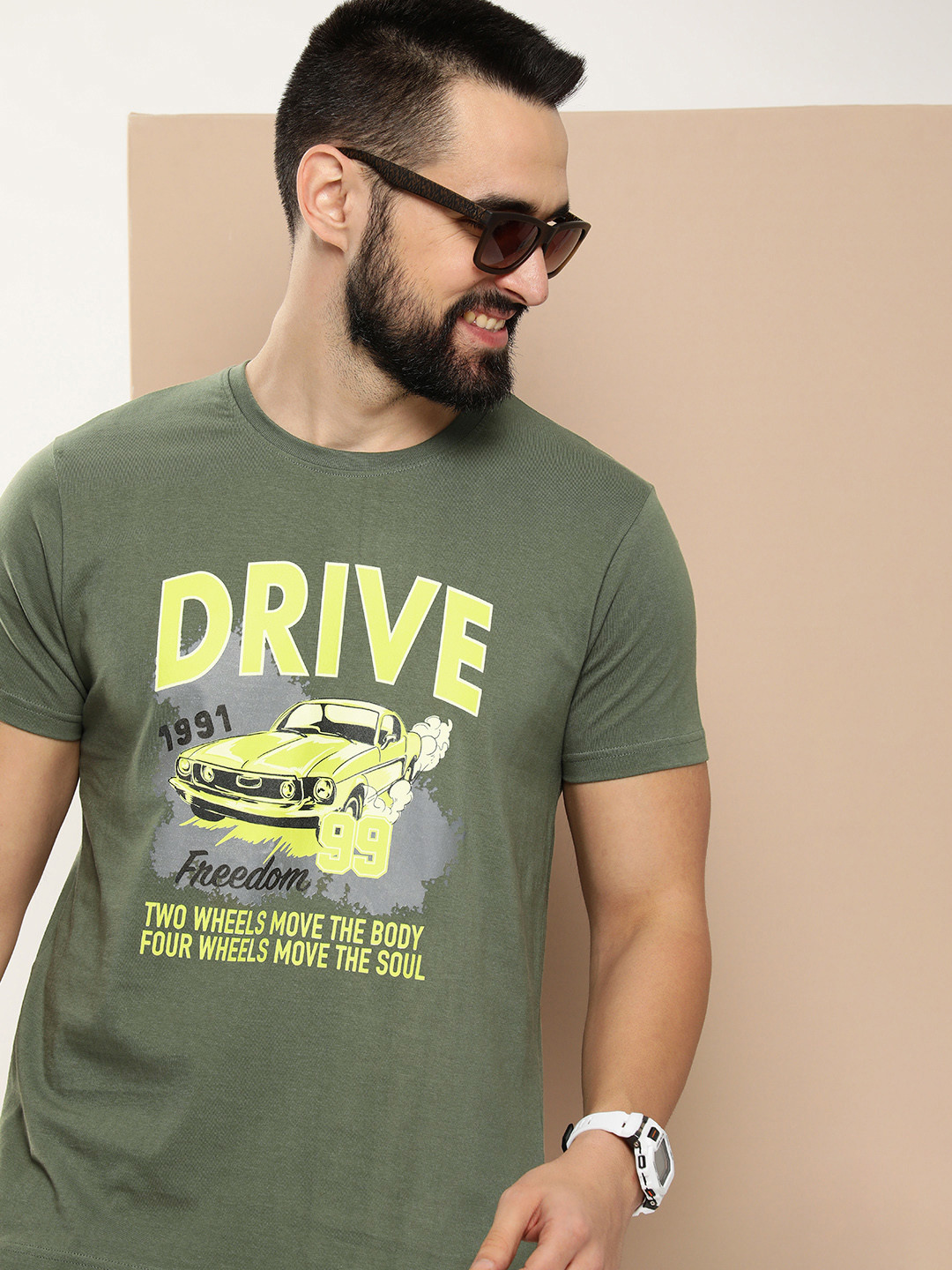 

HERE&NOW Men Printed Pure Cotton T-shirt, Olive