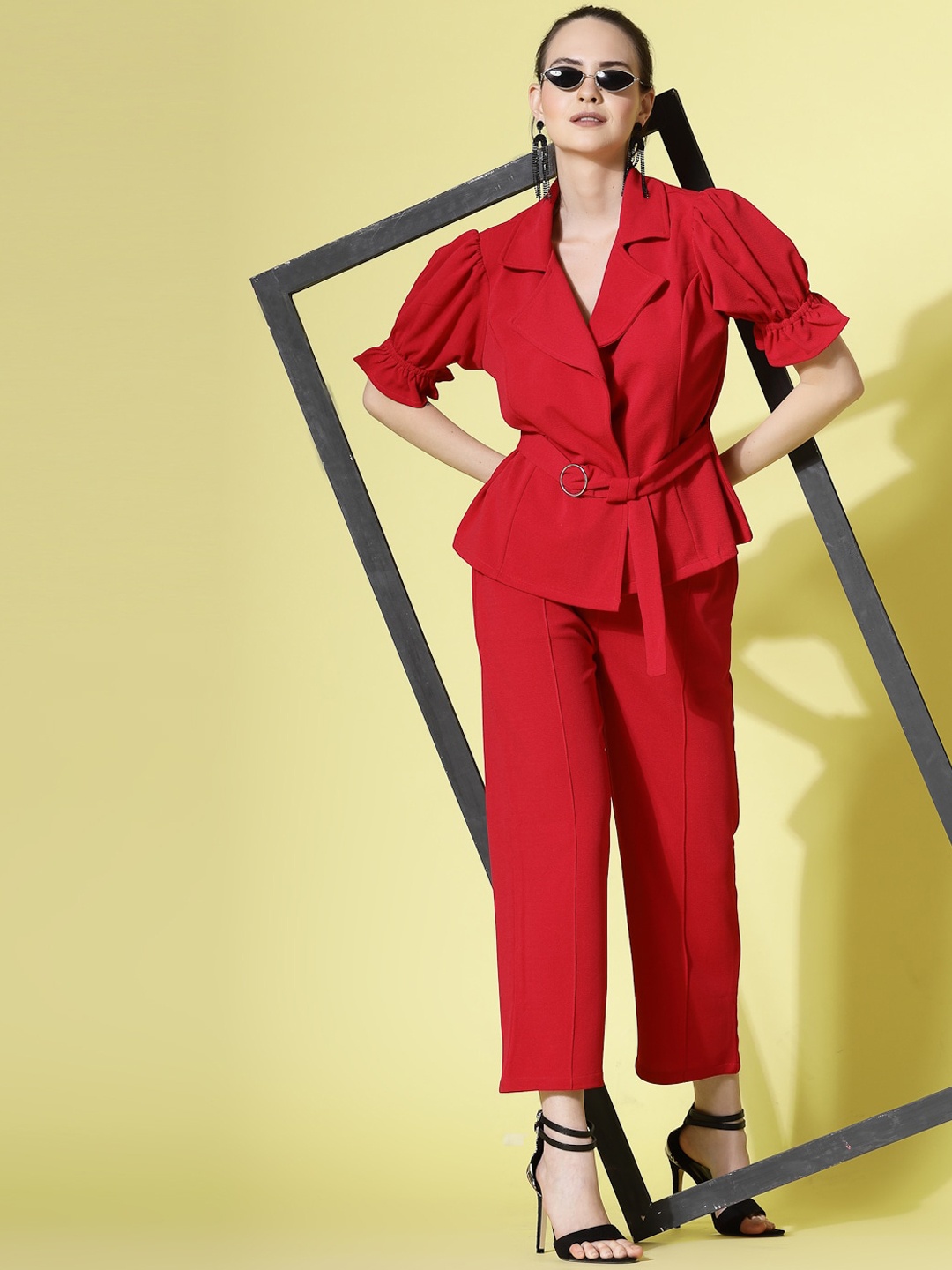 

Molly & Michel Lapel Collar Puff Sleeves Top With Trouser, Red