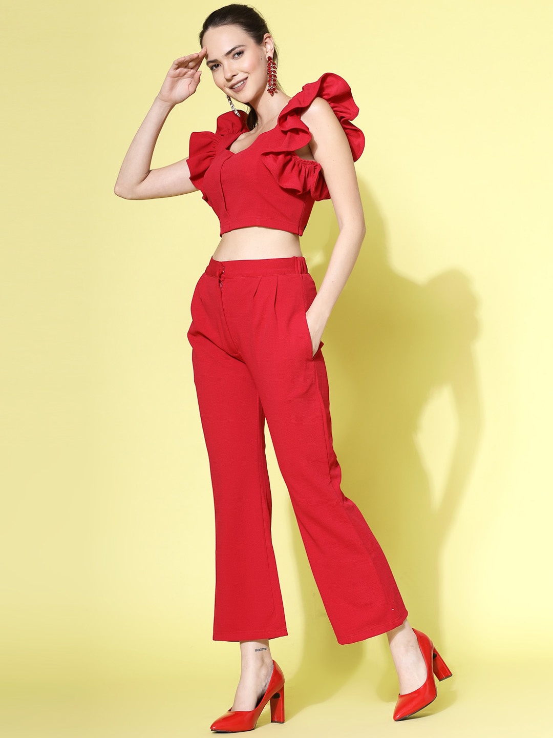 

Molly & Michel Sweetheart Neck Flutter Sleeves Crop Top With Trouser, Red