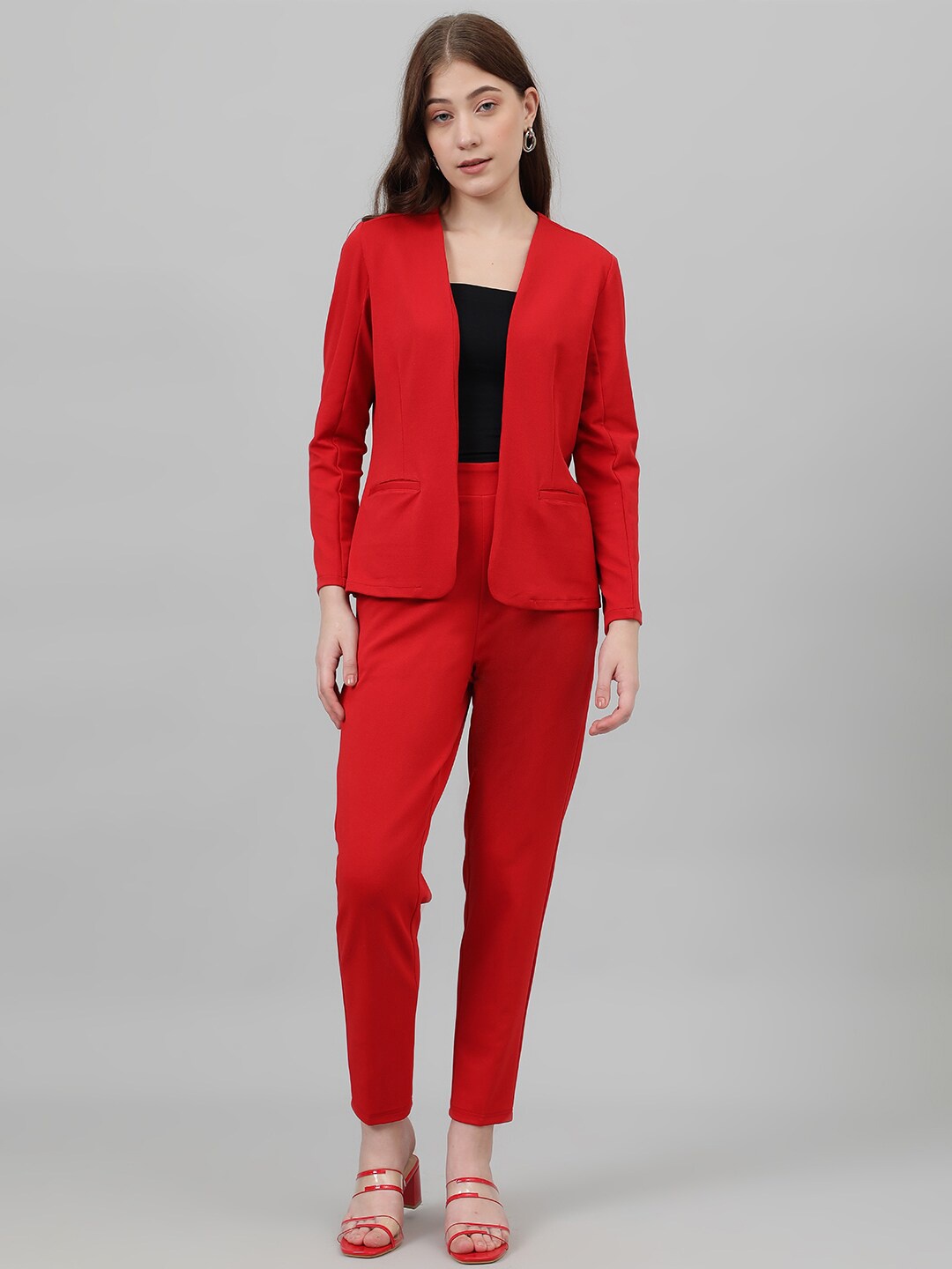 

Kotty Red Collarless Long Sleeves Blazer With Trousers