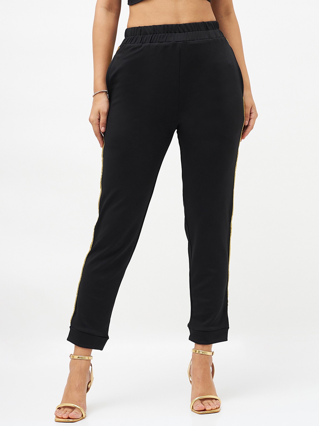 

SASSAFRAS Women Black High Rise Side Tape Detail Easy Wash Joggers