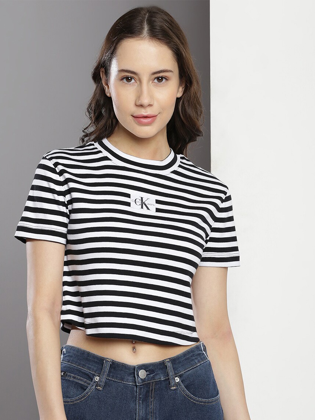 

Calvin Klein Striped Round Neck Regular Fit Cotton T-Shirt, Black