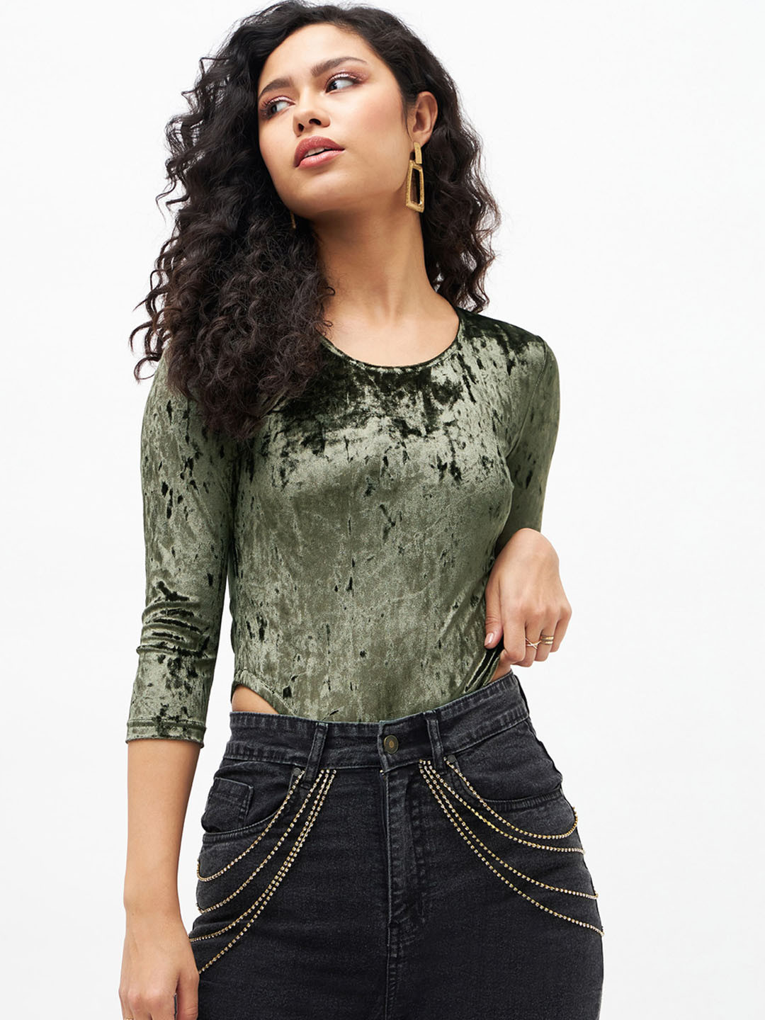 

SASSAFRAS Velvet Party Bodysuit, Olive