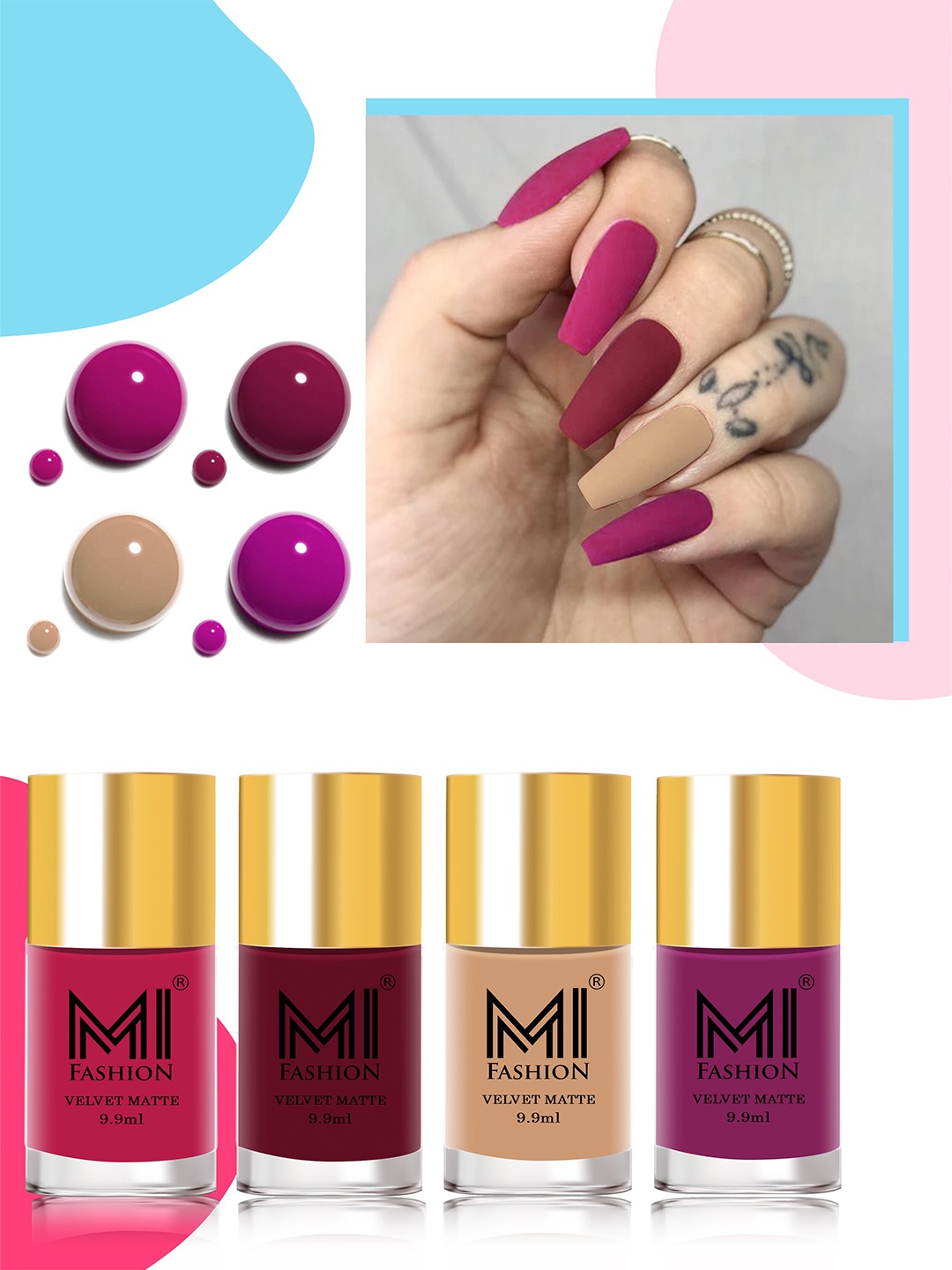

MI FASHION Set of 4 Velvet Matte Nail Polishes - 9.9ml Each, Pink
