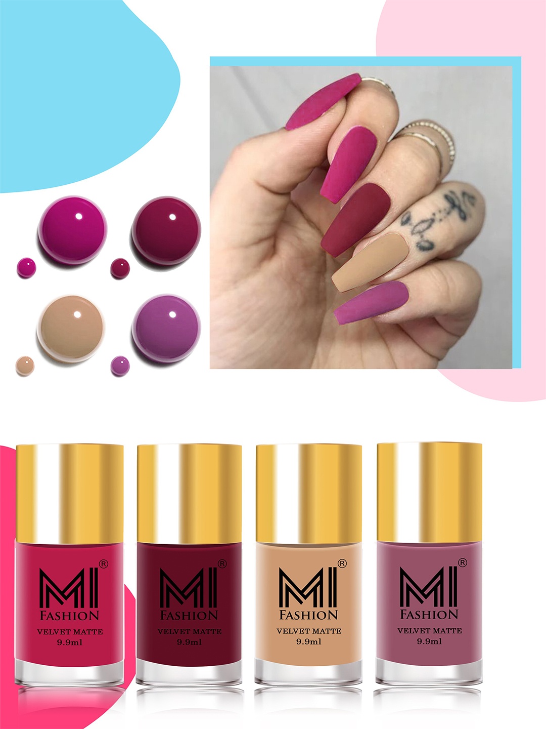 

MI FASHION Set Of 4 Velvet Matte High-Pigmented Nail Polish - 9.9ml Each, Multi