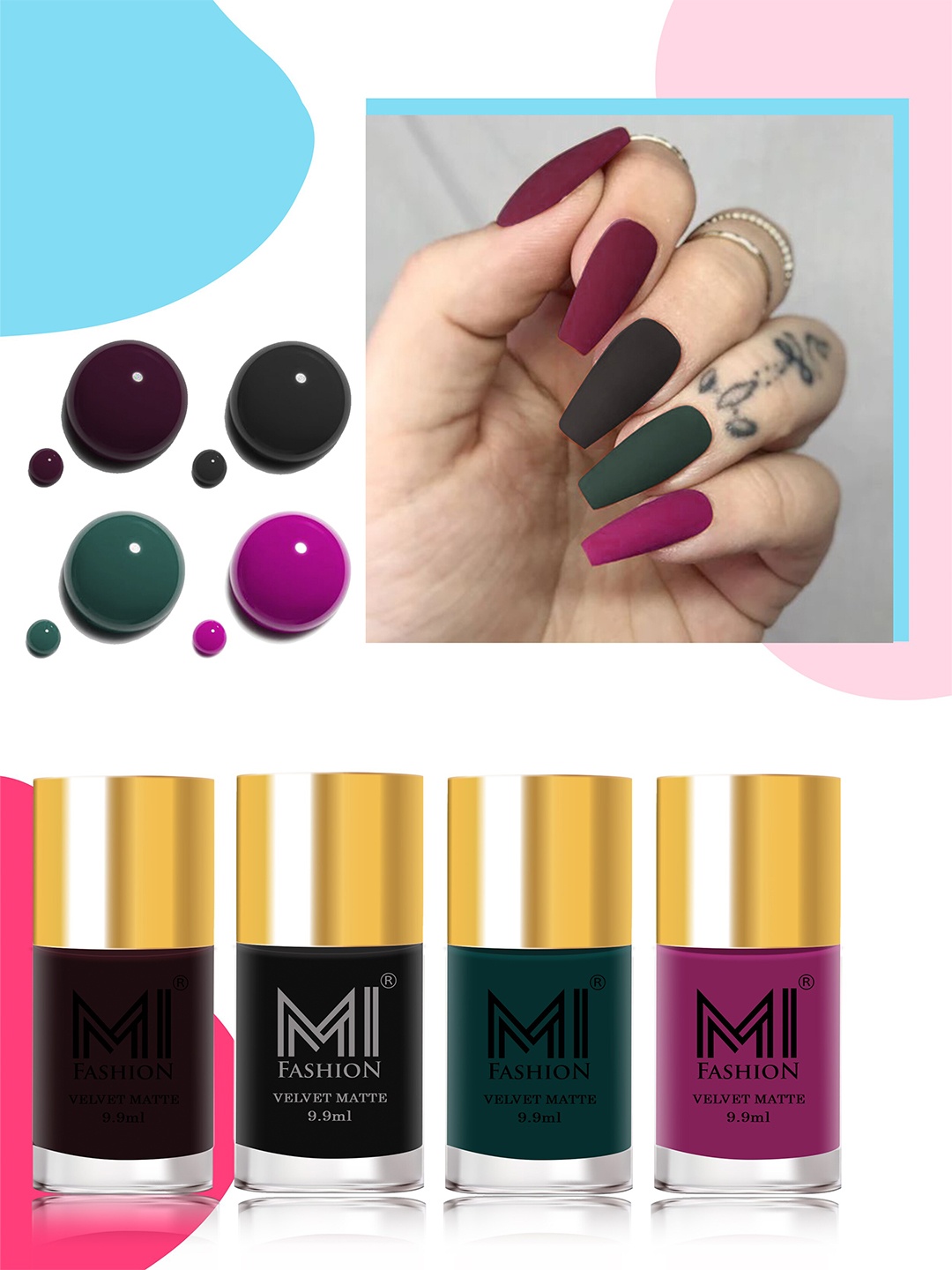 

MI FASHION Set of 4 Velvet Matte High-Pigmented Nail Polish - 9.9 ml each, Multi