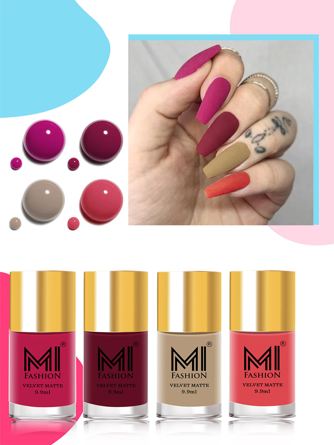 

MI FASHION Set of 4 Velvet Matte Nail Polish 9.9 ml Each - Shade 24, 25, 32, 41, Magenta