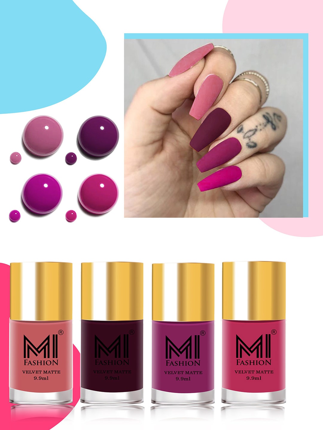

MI FASHION Set of 4 Velvet Matte Nail Polish 9.9 ml Each - Shade 35, 37, 38, 42, Purple