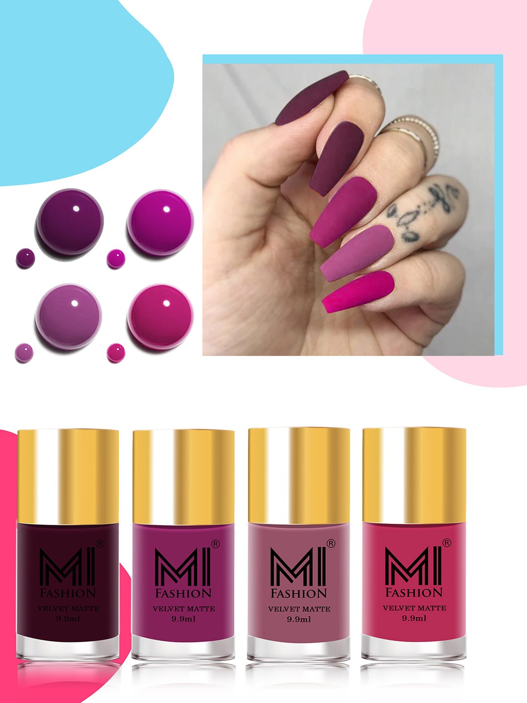 

MI FASHION Set Of 4 Velvet Matte High-Pigmented Nail Polish - 9.9ml Each, Pink