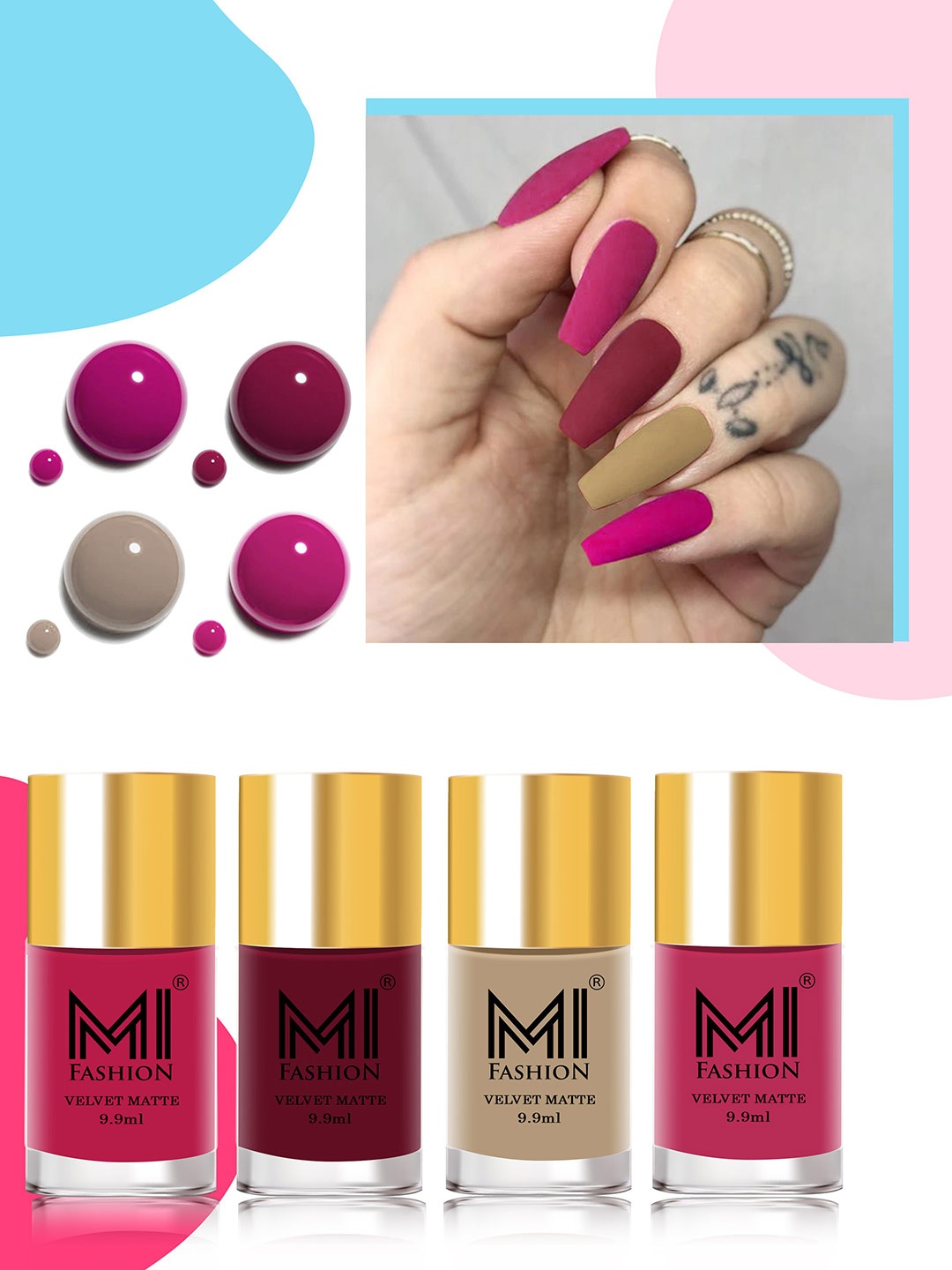 

MI FASHION Set of 4 Velvet Matte Nail Polishes - 9.9ml Each, Multi