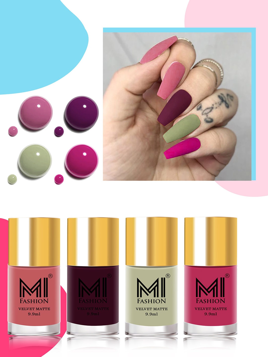 

MI FASHION Set of 4 Velvet Matte Nail Polishes - 9.9ml Each, Multi