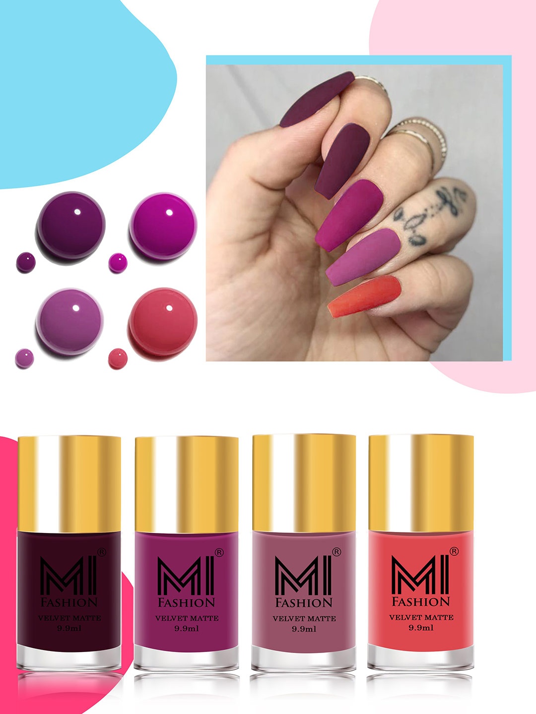 

MI FASHION Set of 4 Velvet Matte High-Pigmented Nail Polish - 9.9 ml each, Multi