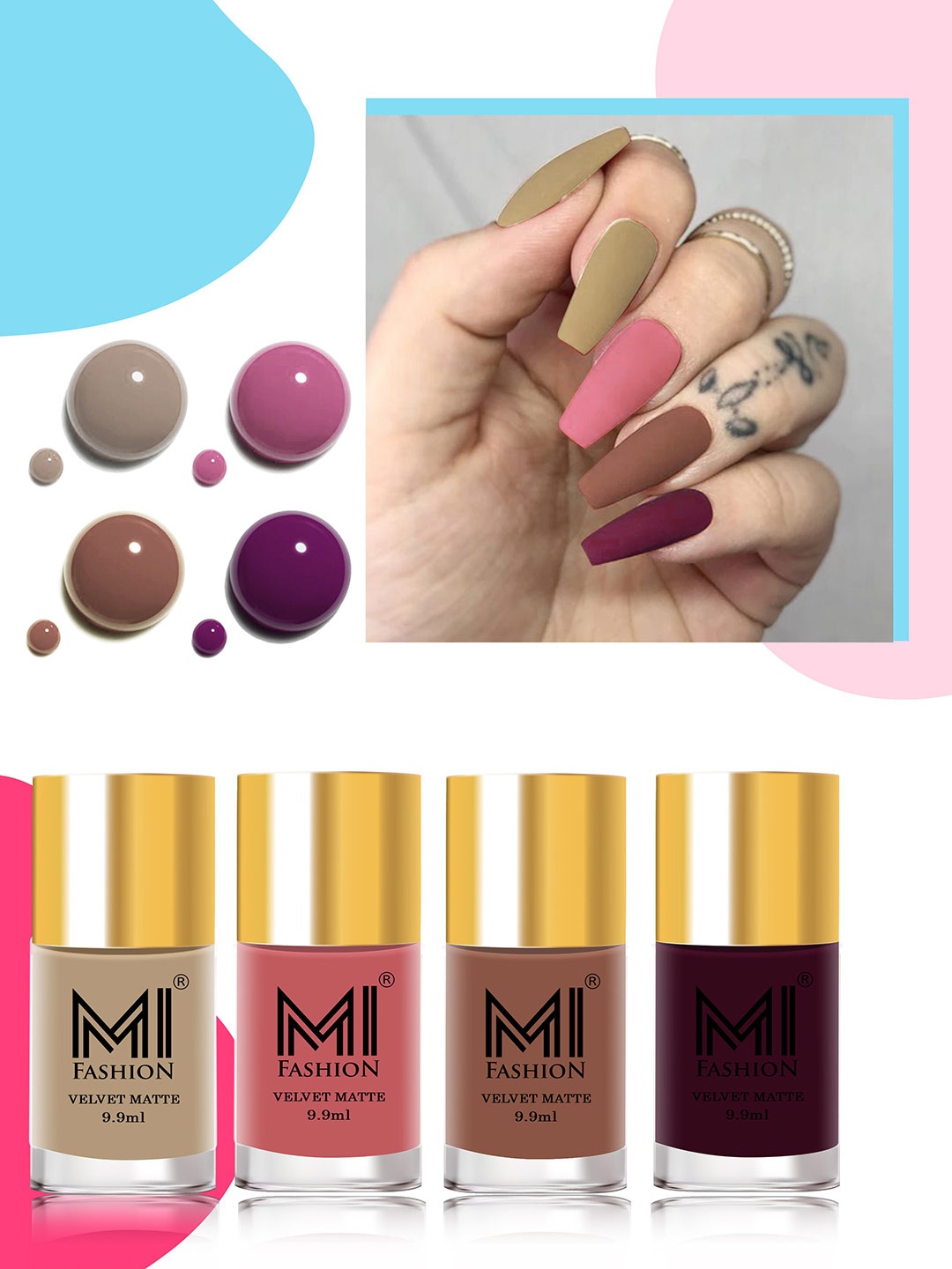 

MI FASHION Set of 4 Velvet Matte Nail Polishes - 9.9ml Each, Multi